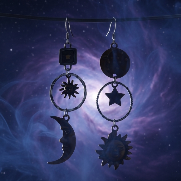 🆕️Boho Chic Sun Moon Star Asymmetrical Dangle Earrings | Celestial Vibes - Picture 6 of 9
